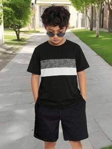 Tween Boy's Black Contrast Color Short Sleeve T-Shirt,Casual Loose Fit Round Neck Tee For Summer,School,Daily Wear,Sports,Versatile For Commuting - Black - View 3