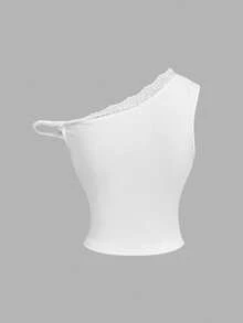 SHEIN MOD 女款蕾絲針織不對稱單肩裙與無袖打結上衣 T-shirt 兩件套 - 白色 - 查看 6