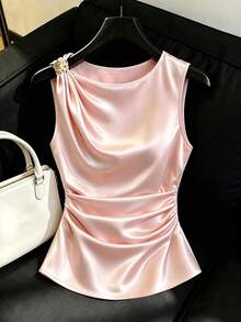 GlowEve Spring/Summer Satin Baby Pink Round Neck Sleeveless Pleated Metal Button Ruffle Collar Exquisite Elegant Commute Date Office Women's Blouse Shirt - Baby Pink - View 6