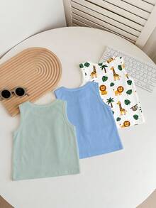 Baby Boy Casual Minimalist Tank Tops 3pcs Set For Summer, Classic Cute Cartoon Giraffe Print, Handsome Lion, Little Bear Print, Palm Tree Print, Suitable For Vacation - Multicolor - View 2