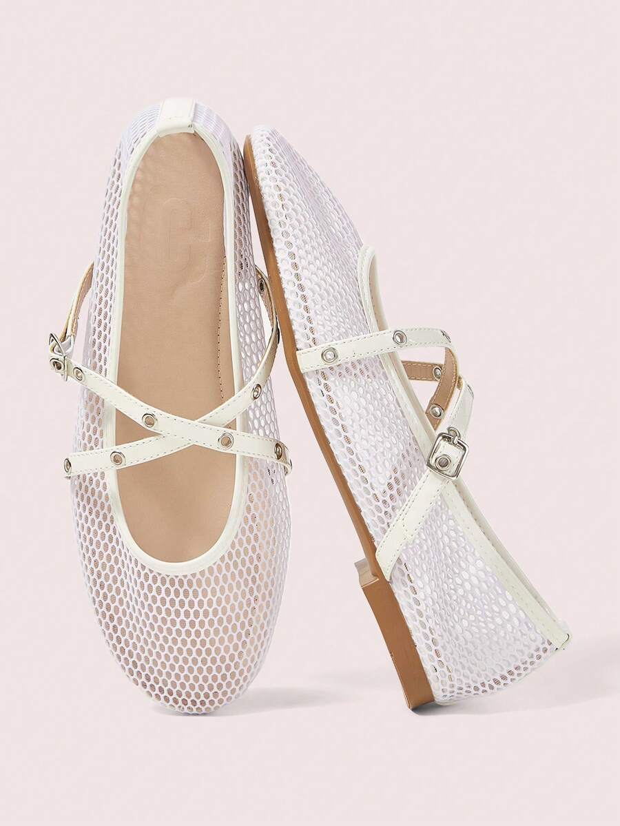 CUCCOO DOLLMOD A Pair Of White Stylish Elegant Mary Jane Flats, Mesh Breathable Ballet Round Toe Flats, Buckle Straps - Chantilly - View 1