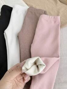 SHEIN LMoss Kids LMoss 4件組女嬰可愛純色彈性腰針織內搭褲，秋冬款 - 白色 - 查看 5