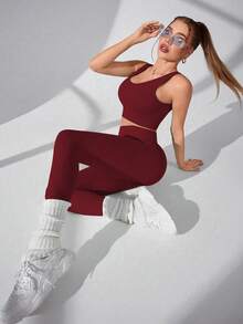 Nuvra Burgundy Women Gym Workout Set,Autumn Athleisure Round Neck Top And Slim Fit Leggings Set,Seamless Quick-Drying Sports Clothes For Chinese New Year - Burgundy - View 4