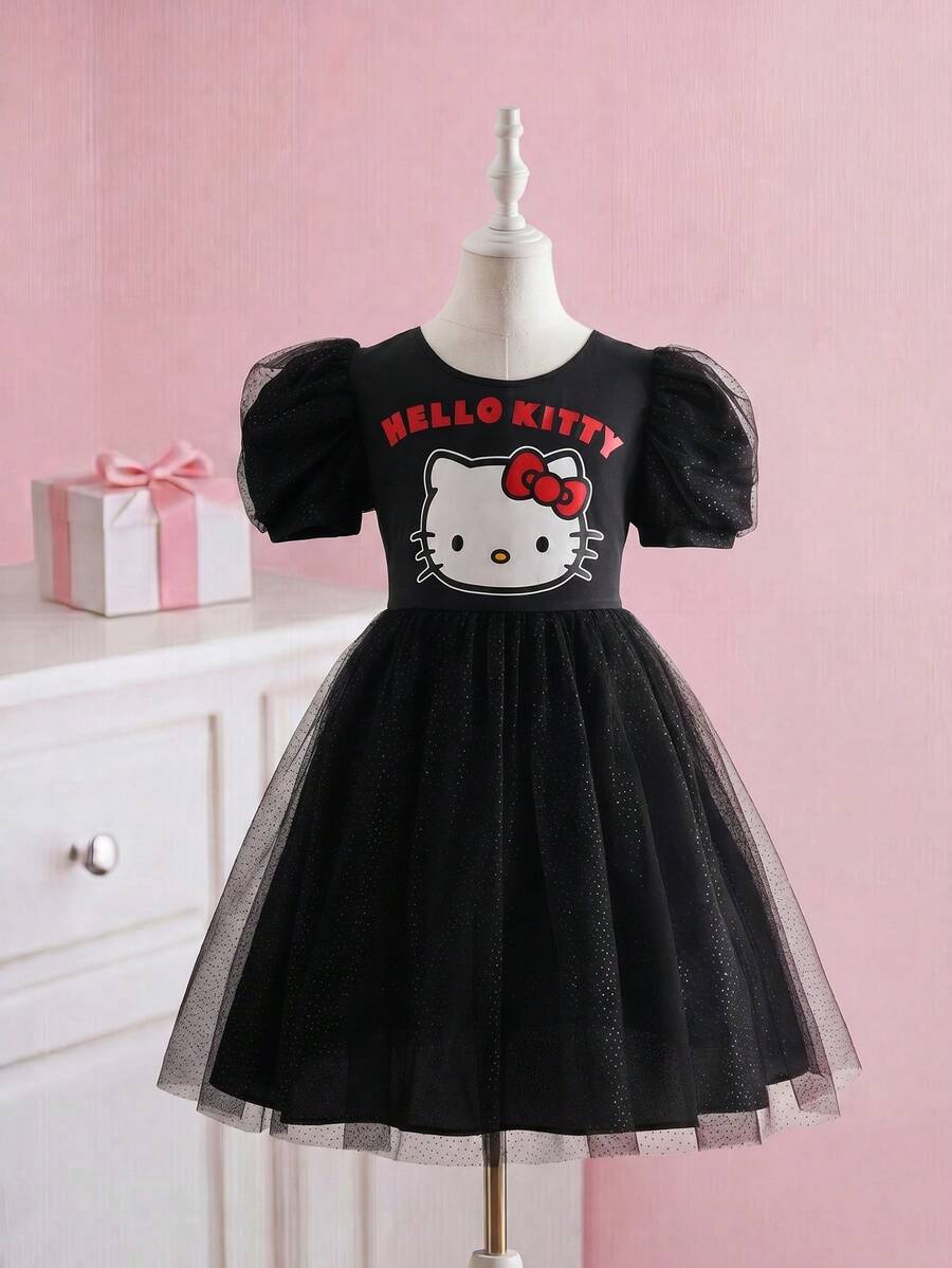 HELLO KITTY AND FRIENDS | SHEIN Gaun Kasual Sehari-hari untuk Anak Perempuan Remaja dengan Leher Bulat, Motif Kartun Huruf, dan Patchwork Jala - Hitam - View 1