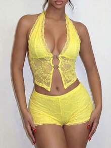 EgrlEra Women's Sexy Tropical Hot Girl Neon Yellow Lace Semi-Sheer V-Neck Exposed Waist Beach Vacation 2 Pieces Set Summer - Yellow - View 3