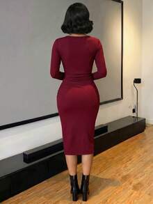 SHEIN Lady Burgundy Wine Red Ruched High Neck Long Sleeve Bodycon Midi Dress Front Slit Twist Stretchy Elegant Date Night Engagement Cocktail Fall Winter Dress - Burgundy - View 2