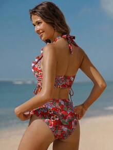 Swim Vcay 女款夏季海灘碎花深V掛脖背心與短褲分體式泳衣套裝 - 紅色 - View 2