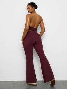 Voyena Plus Size Women Solid Color Halter Top And Drawstring Waist Flare Pants Casual Daily Sports Set - Burgundy - View 2