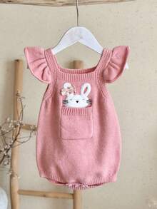 SHEIN Mono suéter casual de otoño para bebé niña con cuello cuadrado, volantes y estampado lindo de conejo - Rosa - Ver 4