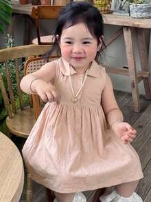 Dazy Kids 嬰兒女童圓領刺繡卡通可愛無袖中長洋裝 - 薑色 - 查看 5
