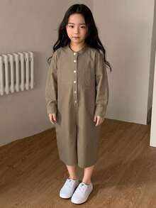 Dazy Kids 女童純色休閒短袖舒適連身褲 夏季 - 卡其色 - 查看 4