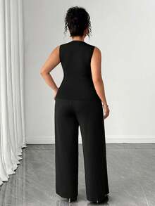 Elenzga Plus Size Women's New Black Sleeveless Asymmetric Shoulder Decor Button Waist Ruched Top And Wide Leg Pants Casual Versatile 2-Piece Set - Black - View 2