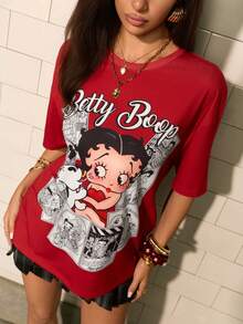 Betty Boop x SHEIN 女款字母印花圓領休閒T恤 - 紅色 - 查看 8