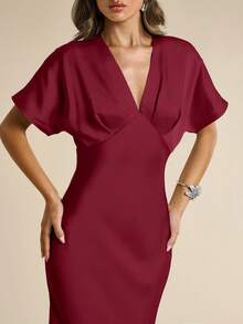 SHEIN BAE Robe élégante pour femme en satin bleu, col V profond, manches courtes, coupe sirène, printemps/été, robe de soirée, robe de cocktail, robe pour occasion formelle, robe de demoiselle d'honneur, robe pour fête d'anniversaire, robe de cocktail, robe bleue - Rouge foncé - Voir 6