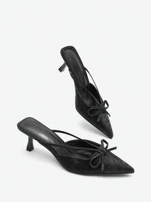 Eladyva European & American Style Mules Shoes For Women, Bow Decor Closed Toe Stilettos Sandals, Pointed Toe Slip On Pumps Valentines - Black - View 6