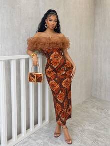 SHEIN Women's Elegant Brown Off-Shoulder Ruffle Print Maxi Dress, Slim Bodycon Back Slit Ankle-Length Gown, Exotic Occasion Wear For Party Banquet Date. - Brown - View 6