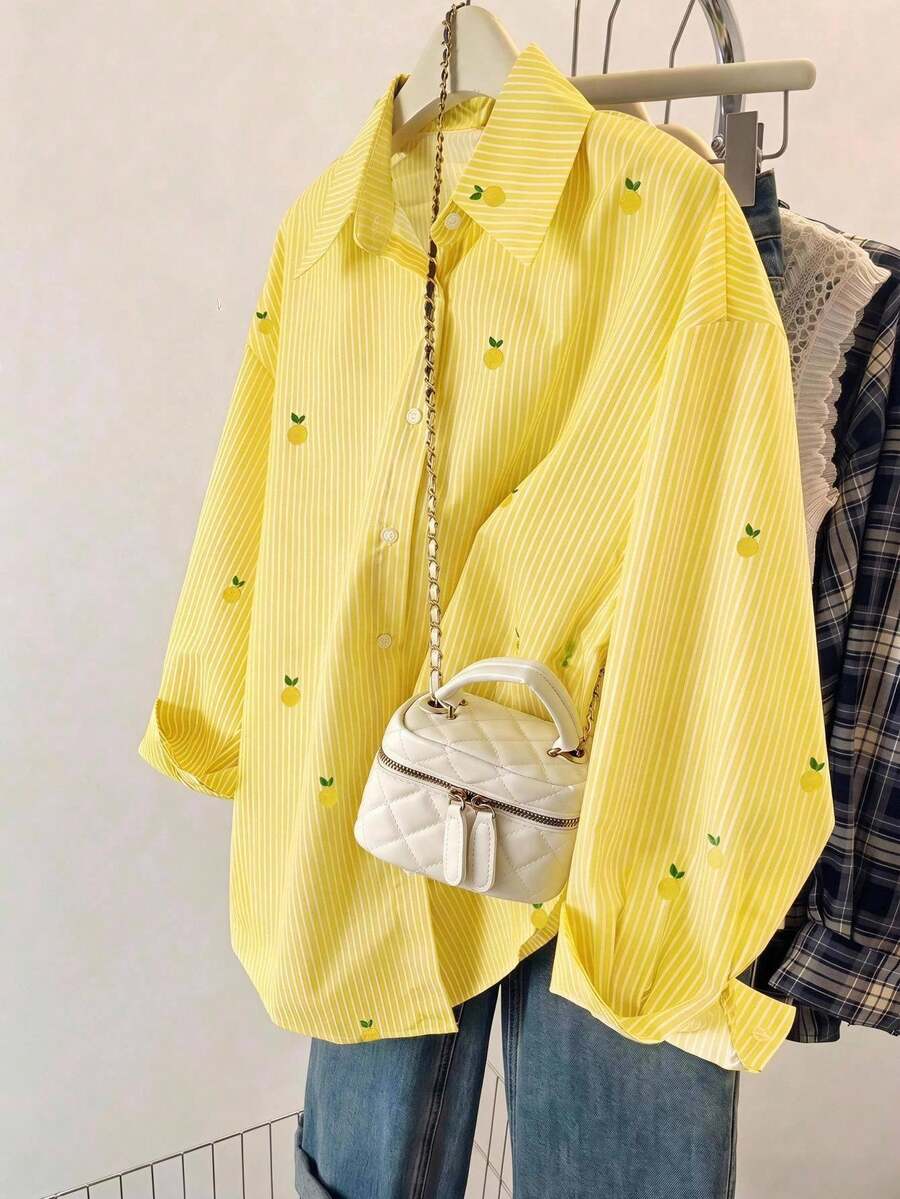SHEIN 青少年女孩長袖寬鬆條紋罩衫,可愛學院風襯衫,黃色與白色條紋,開學季與夏季度假百搭襯衫 - 黃色 - 查看 1