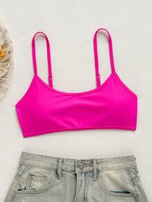 SHEIN Swim 女款簡約細肩帶比基尼上衣 - 玫紅色 - 查看 4