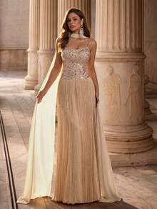 Glamrae Elegante Romántico de Moda Grácil Vestido de Fiesta Caqui con Lentejuelas Bordadas Tela de Gasa Cinta Borlas Decoración Tirantes Finos Bustier Copa Cola de Pez Elegante Vestido de Fiesta Vestido de Invitada de Boda Vestido de Despedida de Soltera Vestido de Noche Formal - Caqui - Ver 3
