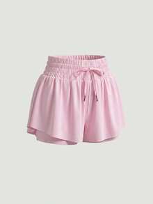 Sweetra Solid Color Knotted Pocket Summer Sports Shorts, Suitable For YogaWomen Sweat Short, Gym Short, Biker Short - Pink - View 1