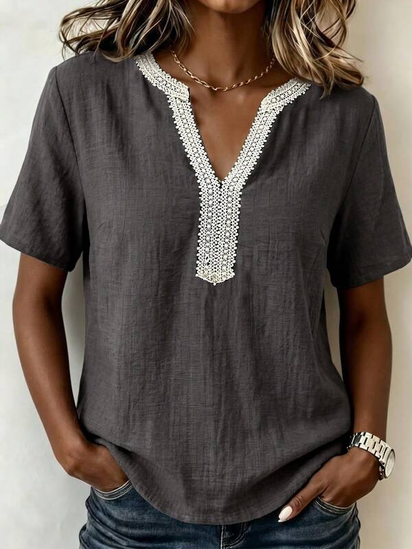 Linhara CURVE Plus Size Woven Casual Elegant Eleganza Everyday Brunch V-Neck Summer Women's Shirt Formal Holiday Gray