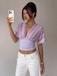 Aloruh Women's Contrast Color Striped Pattern Fashion Elegant Slim Fit T-Shirt Night Out Lavender Summer - Purple - View 6