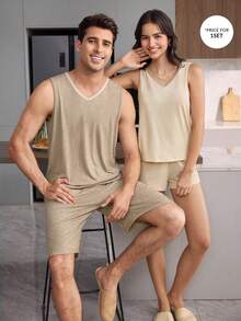 CoupledUp 男士休閒拼色滾邊V領背心與短褲居家服套裝 - 彩色 - 查看 7