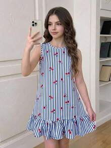 SHEIN Vestidos para niñas y adolescentes con cuello redondo, rayas azules & blancas y estampado dulce de cerezas, moda casual de verano y primavera para vacaciones, falda línea A con volantes, vestido casual para vacaciones y hogar - Azul - Ver 6