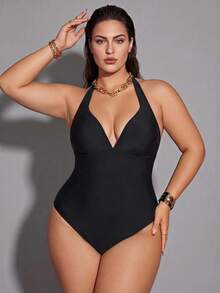 Shapewave Plus Size Women's Elegant Sexy Solid Color One-Piece Beach Vacation Swimsuit Summer - Black - View 5