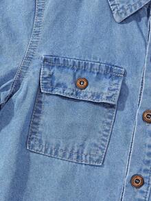 SHEIN Explorewe Denimly West Wild 學院風戶外風男童翻蓋貼袋牛仔水洗藍短袖襯衫 - 中等水洗藍 - 查看 5