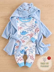 Setelan Pakaian Santai Bayi Laki-laki Motif Minimalis Basket Ring di Seluruh Permukaan, Atasan Lengan Panjang dan Legging, Warna Aprikot, Bahan Dasar, 2 Potong - Biru - View 1