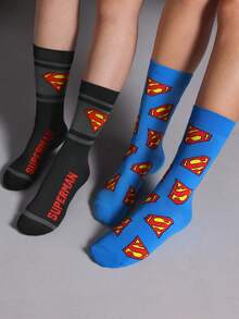 SUPERMAN X SHEIN 2雙裝男士菱形字母圖案中筒襪 - 混色 - 查看 2