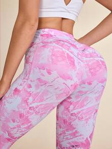 SHEIN Sovereign Charm Legging Esportiva de Cintura Alta com Estampa Digital de Leopardo em Degradê Rosa e Bolso para Celular para Exercícios ao Ar Livre, Outono/Inverno - Rosa chiclete - Visão 5