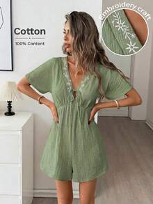 Easowa V-Neck Wide Shoulder One-Piece Sleeve Neckline Tie Bow Blue And White Porcelain Floral Embroidery High Waistline Doll Style Romper 100% Pure Cotton Traceable Cotton Double Layer Crepe Texture Fabric Casual Relaxed Elegant Commute Old Money Style Vacation Spring Summer Women's Jumpsuit - Green - View 4