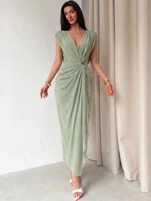 Aloruh Women's Spring/Summer New Sage Green Mesh A-Line Dress Suitable For Wedding Date Dinner Going Out Party Beach Elegant - Green - View 9
