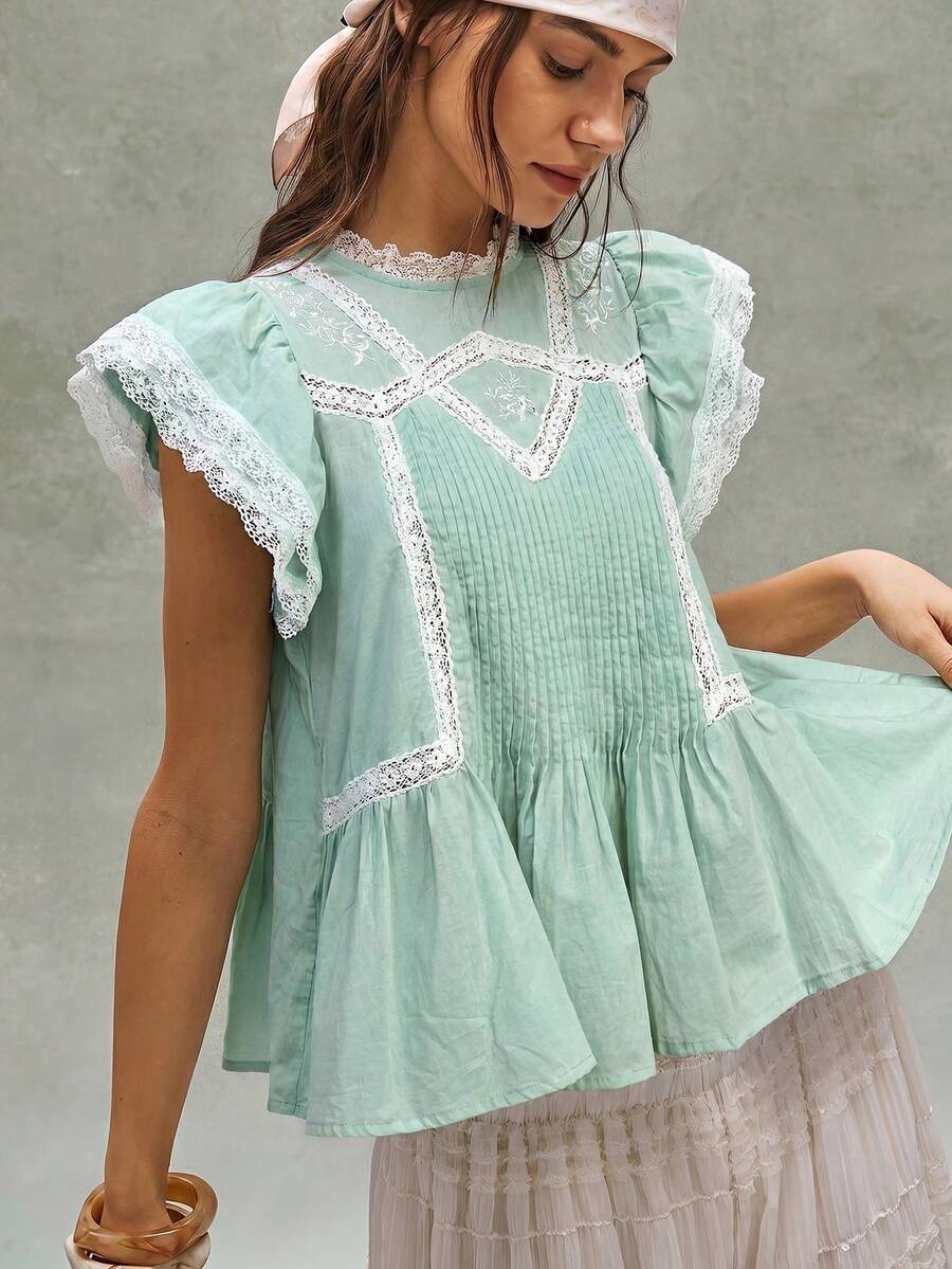Bohemela 女款夏季浪漫度假法式波西米亞音樂節刺繡荷葉邊蕾絲拼接襯衫上衣,隨性休閒風格,夏季上衣,女款夏季穿搭,隨性放鬆穿衣風格,女款服裝,沙灘穿搭,夏季度假穿搭 - 薄荷綠 - 查看 1