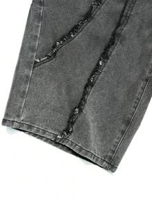 STEELVANCE Men's Streetwear Patchwork Frayed Grey Washed Denim Shorts - Grey - View 4