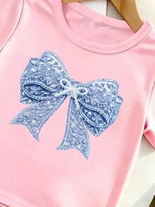 2pcs/Set Girls Blue & Pink Bow Pattern Printed All-Match Short Sleeve T-Shirts, Cute Cartoon Daily Comfortable Versatile - Multicolor - View 4