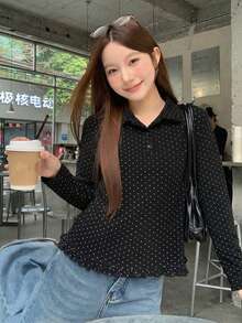 DAZY 女款波點休閒百搭日常穿著襯衫 - 黑色 - 查看 1