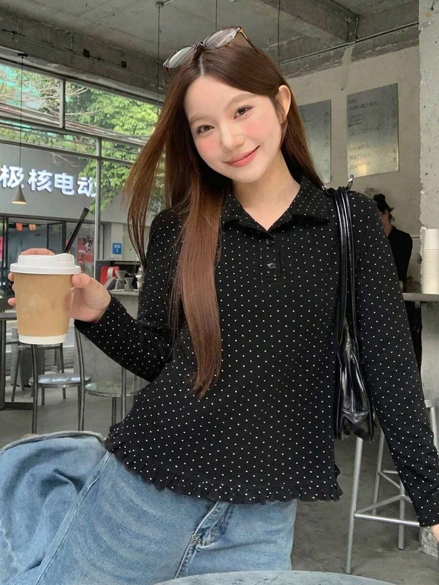 DAZY 女款波點休閒百搭日常穿著襯衫 - 黑色 - 查看 1