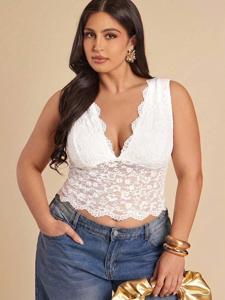 SHEIN BAE 大尺碼女款性感V領短版植絨蕾絲背心 - 白色 - 查看 1