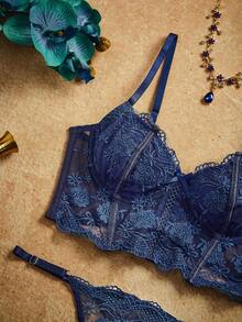 PinupPomp 2pcs/Set Women's White Romantic Long Bra Lingerie Set - Navy Blue - View 4