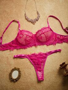 PinupPomp Set de 2 piezas de lencería con parches de encaje rojo rosa maduro - Rosa Fucsia - Ver 3