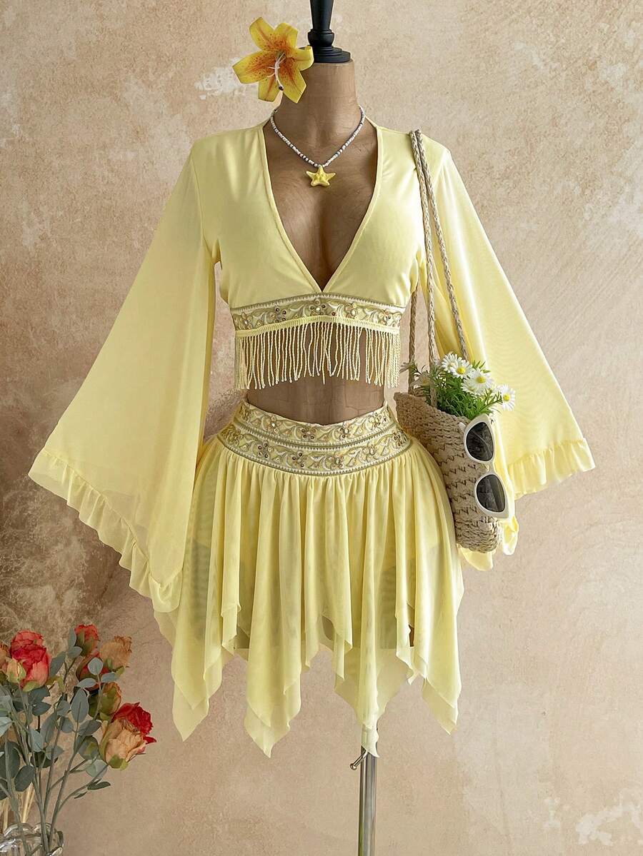 Soleia 女款度假性感浪漫奶油黃刺繡緞帶流蘇裝飾襯衫 + 刺繡裝飾不對稱下擺迷你裙，海灘郵輪度假、公路旅行城市假期、約會下午茶、音樂節穿搭、波希米亞風、海灘、日常通勤、婚禮季、派對 - 淡黃色 - 查看 1