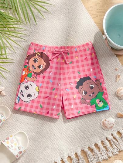 CoComelon X SHEIN Young Boy Drawstring Waist Plaid Cartoon Pattern Shorts Swimwear Bottoms Suitable For Summer Vacation Beach