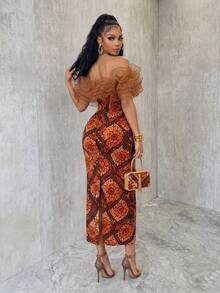 SHEIN Women's Elegant Brown Off-Shoulder Ruffle Print Maxi Dress, Slim Bodycon Back Slit Ankle-Length Gown, Exotic Occasion Wear For Party Banquet Date. - Brown - View 2