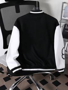 SHEIN Casuvi Kids 男童休閒學院風印花棒球開襟夾克外套，適合休閒、運動、校園穿著 - 黑色 - 查看 2