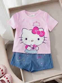 HELLO KITTY AND FRIENDS | SHEIN Fun Casual Style Young Girl Cartoon Print Round Neck Short Sleeve T-Shirt And Shorts Comfortable Set - Multicolor - View 4