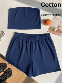 Comfortcana 春夏休閒藍色短版抹胸上衣與短褲大尺碼兩件套 - 霧霾藍 - 查看 7