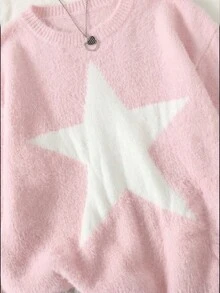 SHEIN 青少年女孩星星圖案圓領落肩毛衣，適合兄弟姊妹，秋冬休閒款 - 粉色 - 查看 4